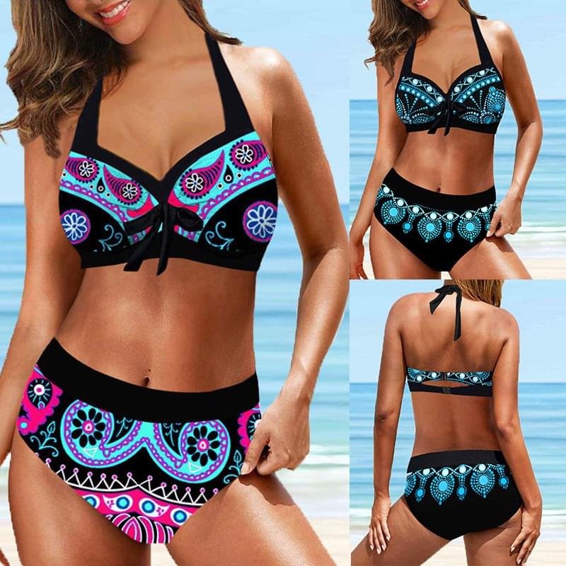 European And American Split Push Up Sling Halter Bikini Vintage Printing