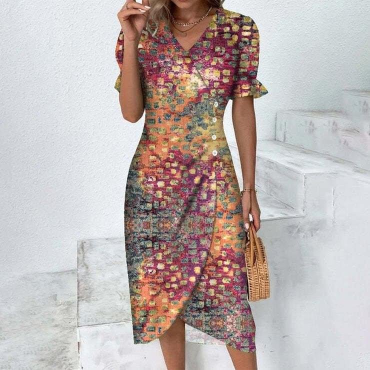 Women's Fashion Temperament Printed Collage Puff Sleeve Irregular Hem Dress - Image 4