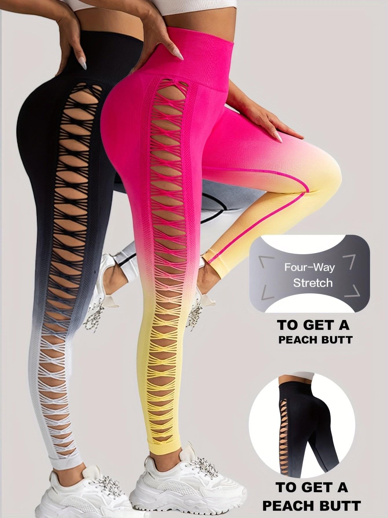 2 Pack Cut Out Ombre Gradient Color Hollow High-waist Butt-lifting Fitness Women's Yoga Pants, Women's High Waist Yoga Pants Cutout Ripped Super Soft And Comfortable Skinny